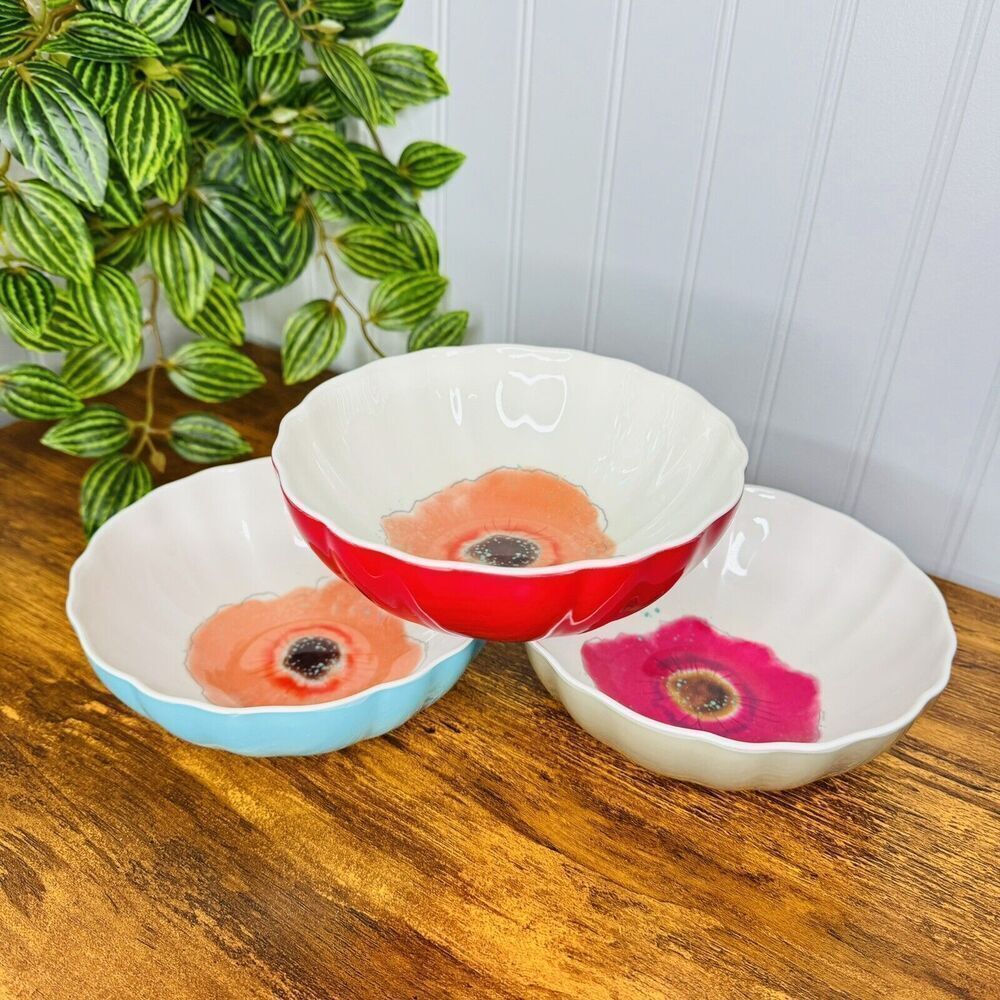 Zak! Designs Set of 3 Melamine Cereal Bowls Pink Floral Flowers Red Blue Gray 6”